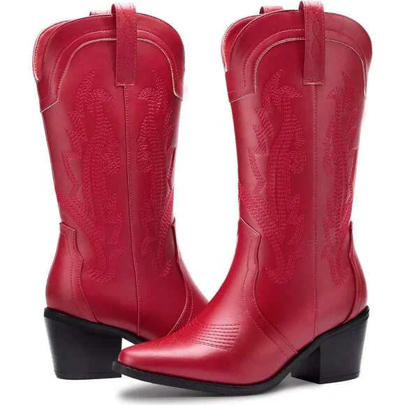 Women's Red Embroidered Pointed Toe Mid Calf Chunky Block Western Heel Boots - Picture 4 of 7